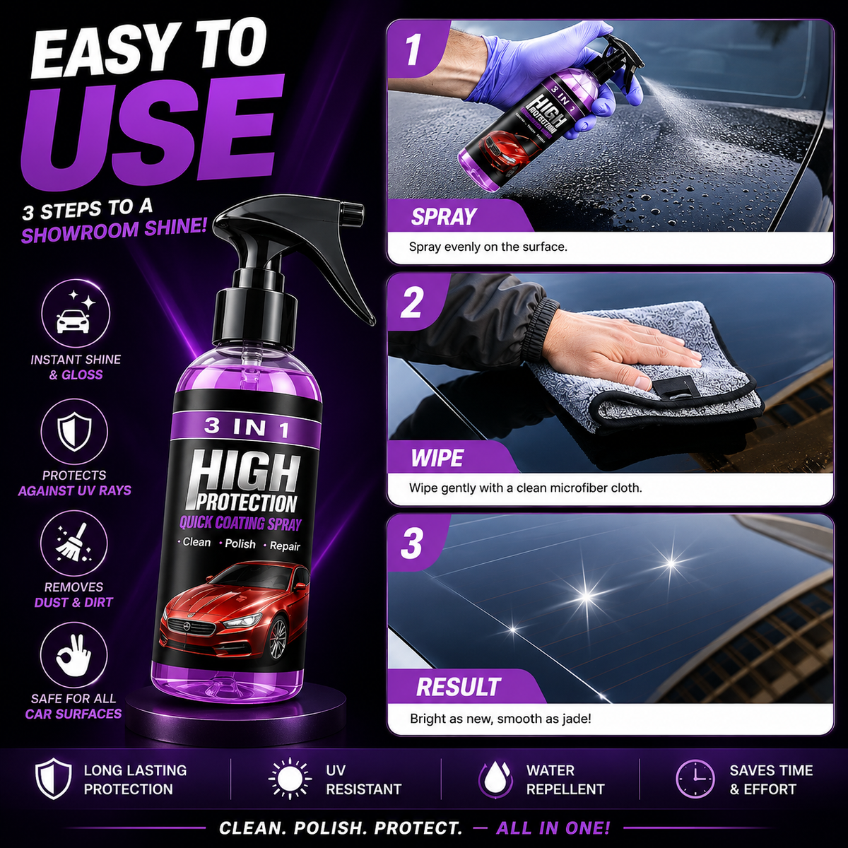 🚗✨ 3-in-1 High Protection Coating Spray - Car Wax Polish Spray (Pack of 1)